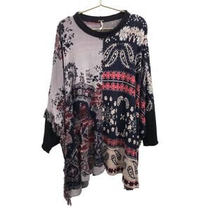 Free People Paisley Oversized Dolman Sleeve Blanket Fringe Sweater Size M/L